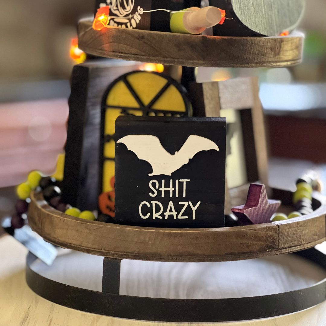 Bat Shit Crazy Funny Halloween Mini Sign - Unique Home Decor for Tiered Trays